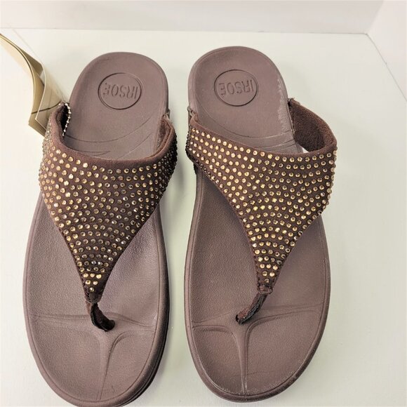BROWN Size 8 Gold Crystal Women Sandals Wedge Heel Arch Support Comfy Flip Flops - Picture 1 of 15